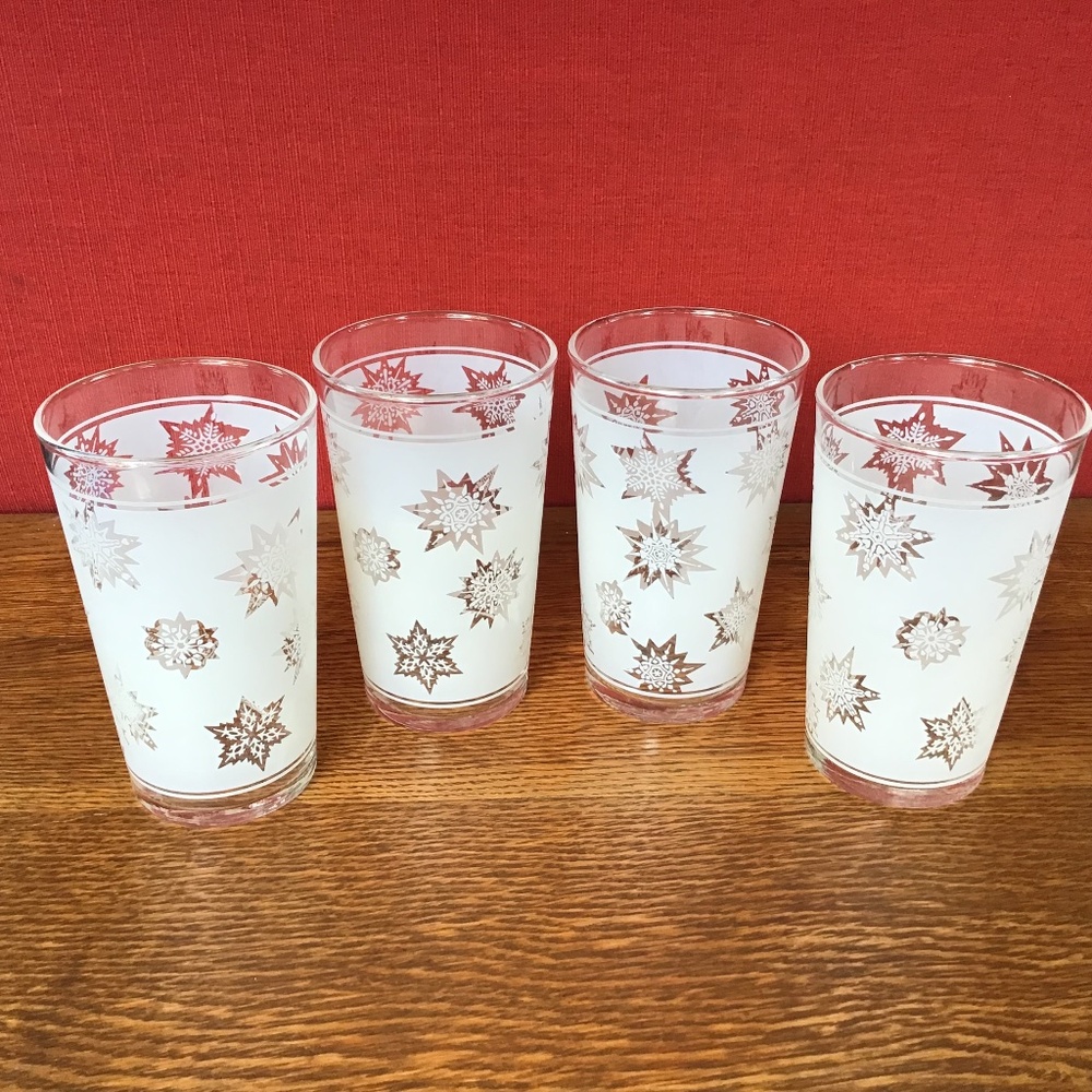 Vintage Federal Glass Frosted Atomic Snowflake Tumblers Set of 4 EUC